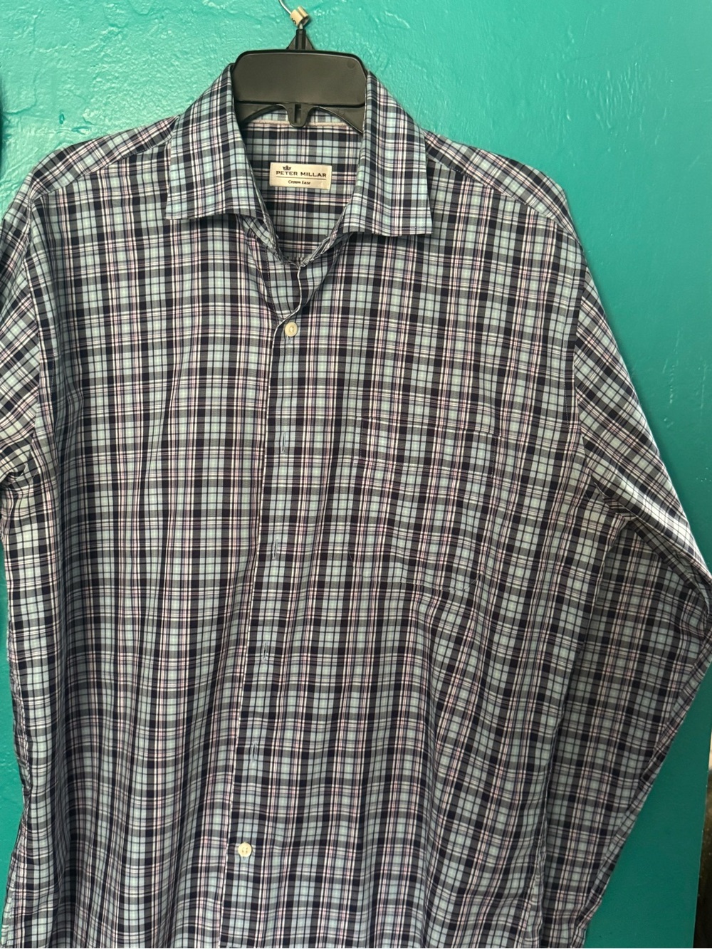 Peter Millar Men's Navy and Light Blue Plaid Button-Down Shirt